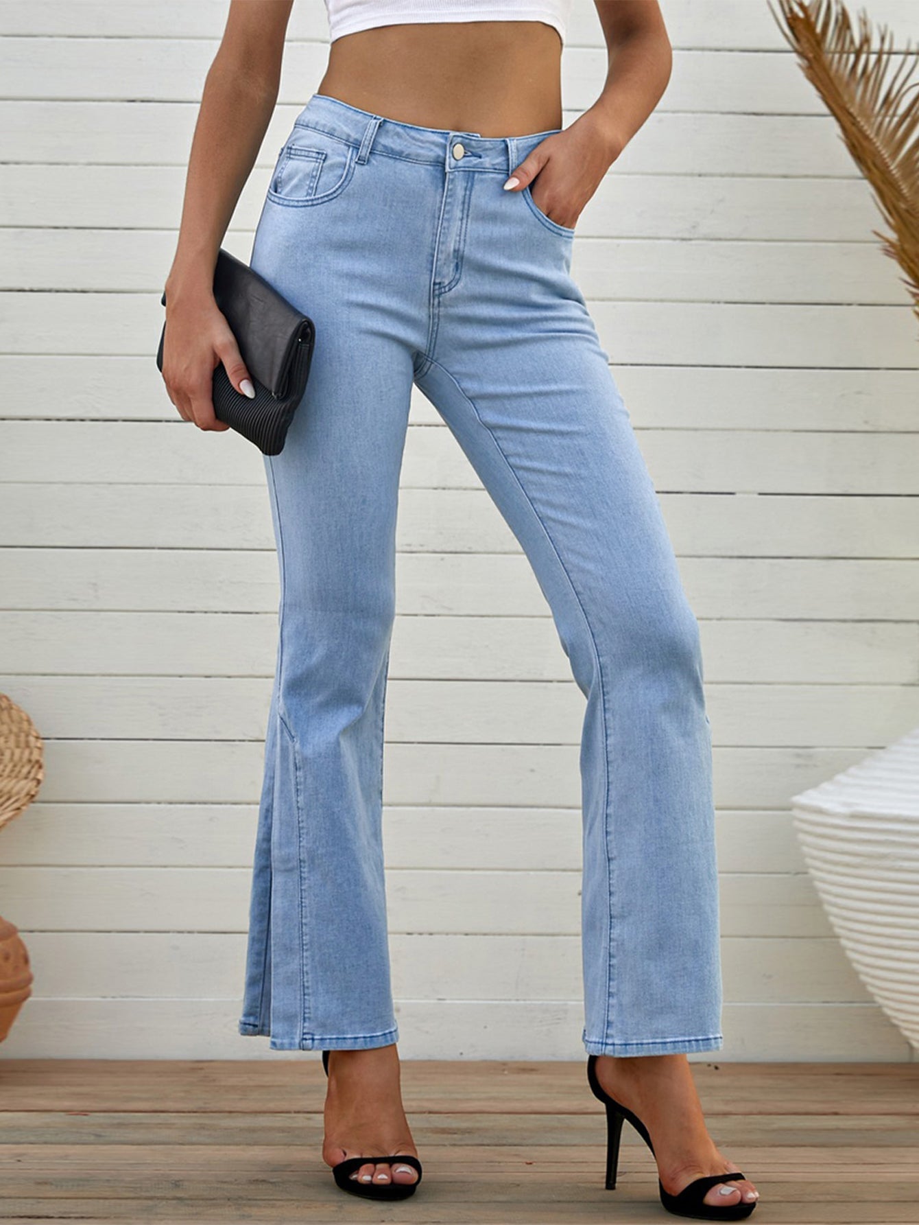 Sky Blue Wide Leg Split Hemline Flared Jeans Sai Feel