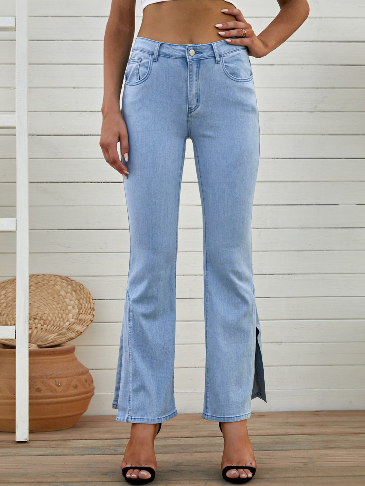 Sky Blue Wide Leg Split Hemline Flared Jeans Sai Feel