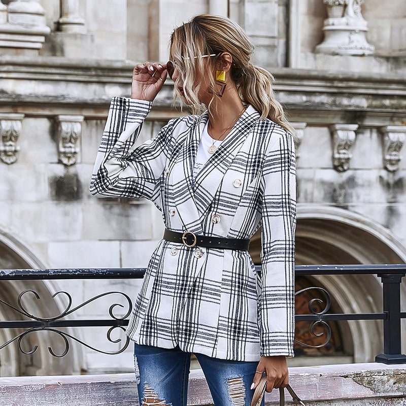 Slim Check Double-breasted Small Blazer Long Sleeve Top Sai Feel