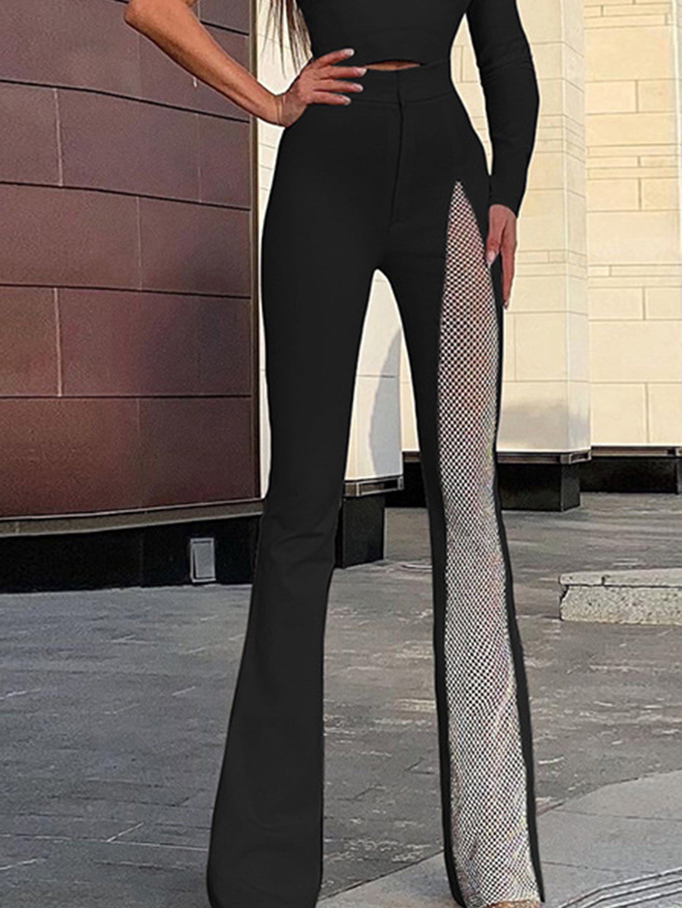 Slim Mesh Patchwork Flare Leg Trousers Sai Feel