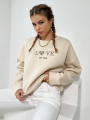 Slogan And Heart Embroidered Drop Shoulder Sweatshirt Sai Feel