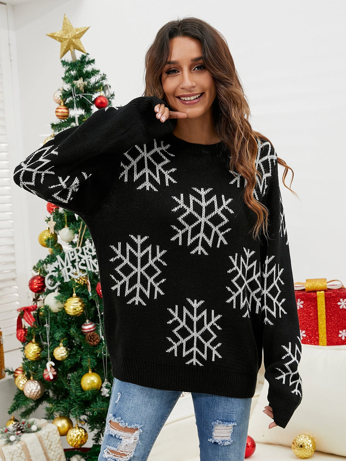 Snowflake Pattern Drop Shoulder Sweater Sai Feel