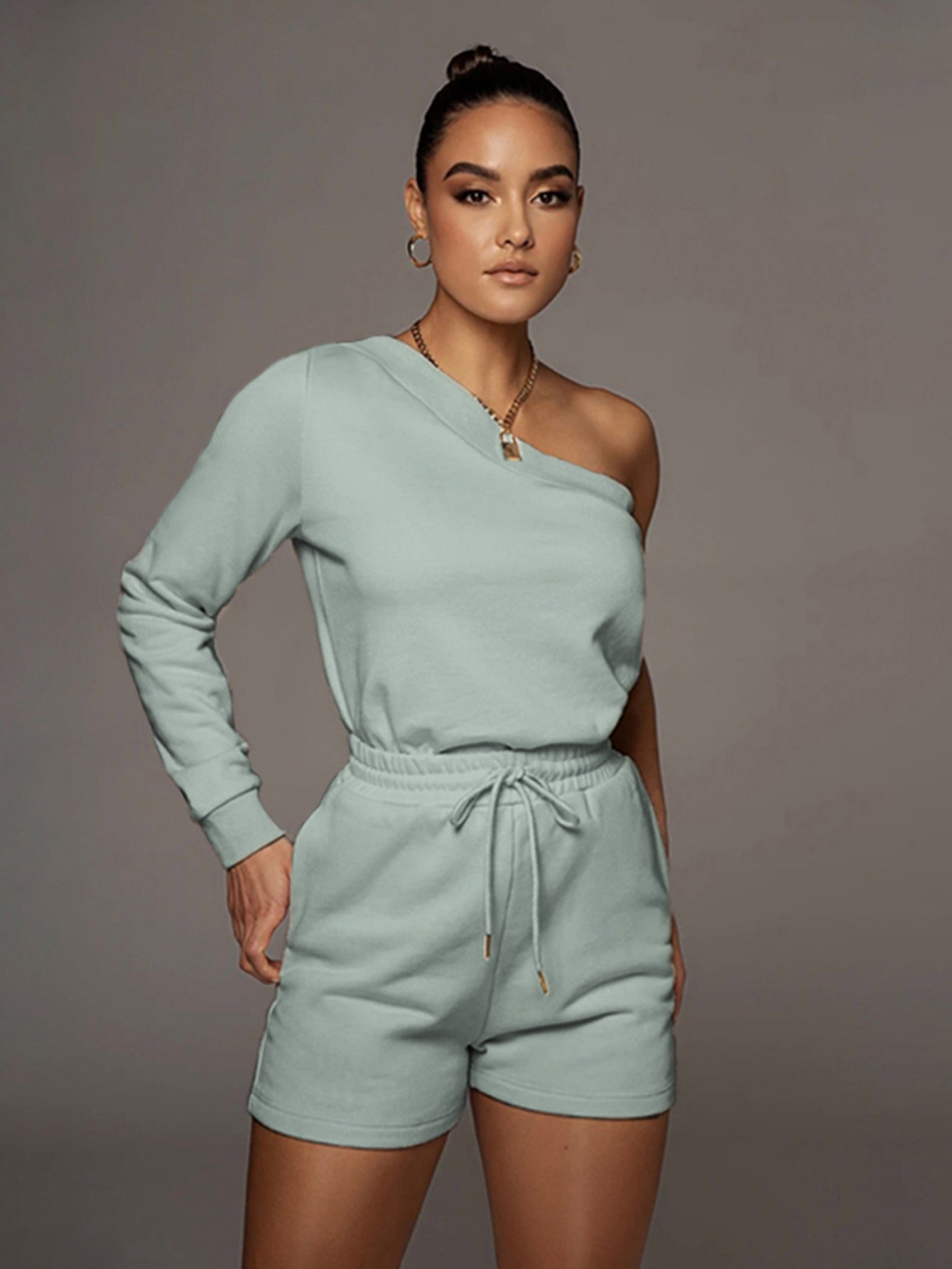 Solid Asymmetrical Neck Thermal Sweatshirt & Shorts Set Sai Feel