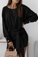 Solid Bandage Split Joint O Neck Pencil Skirt Dresses(4 colors) Sai Feel