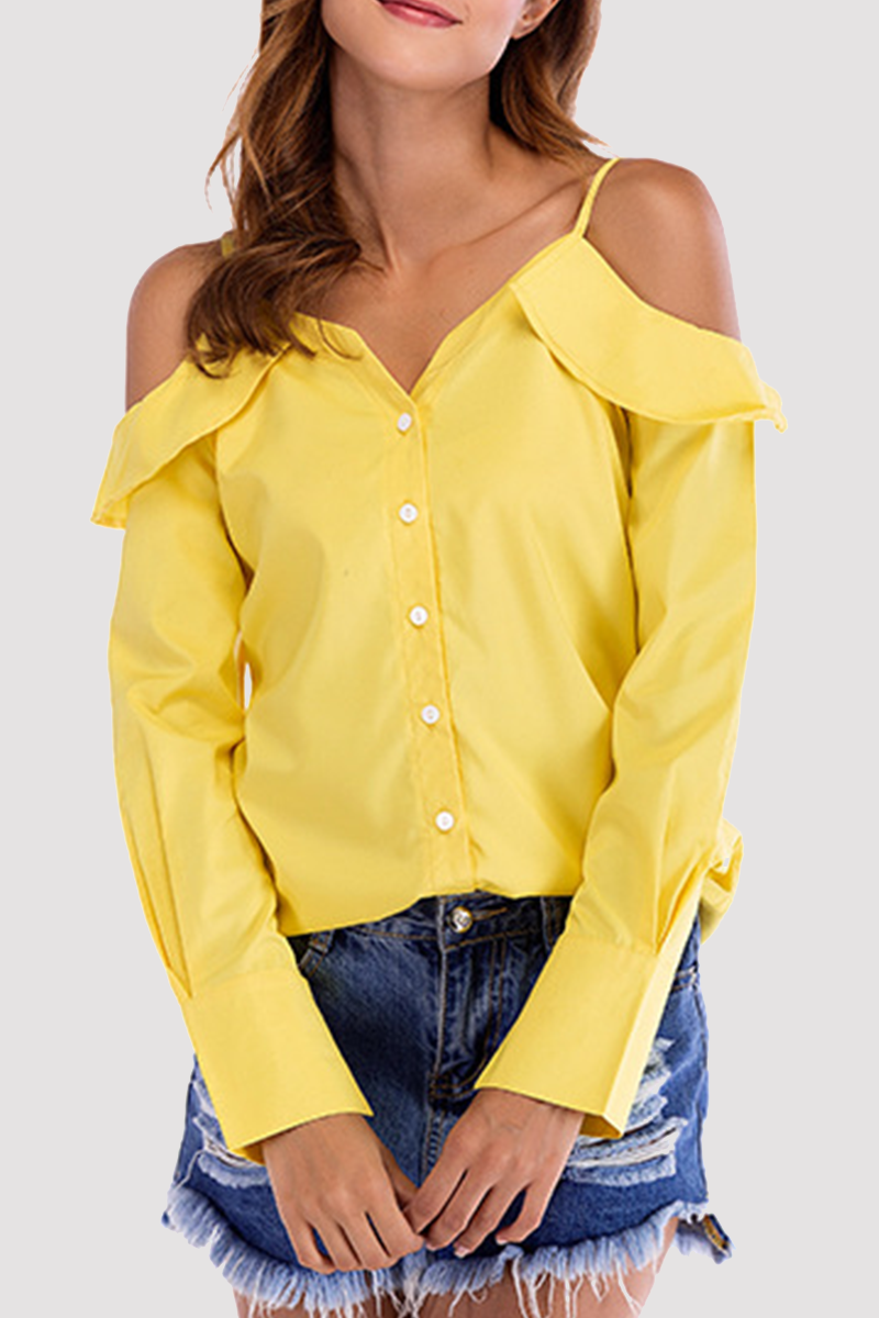 Solid Buckle Flounce Off the Shoulder Tops(4 colors) Sai Feel