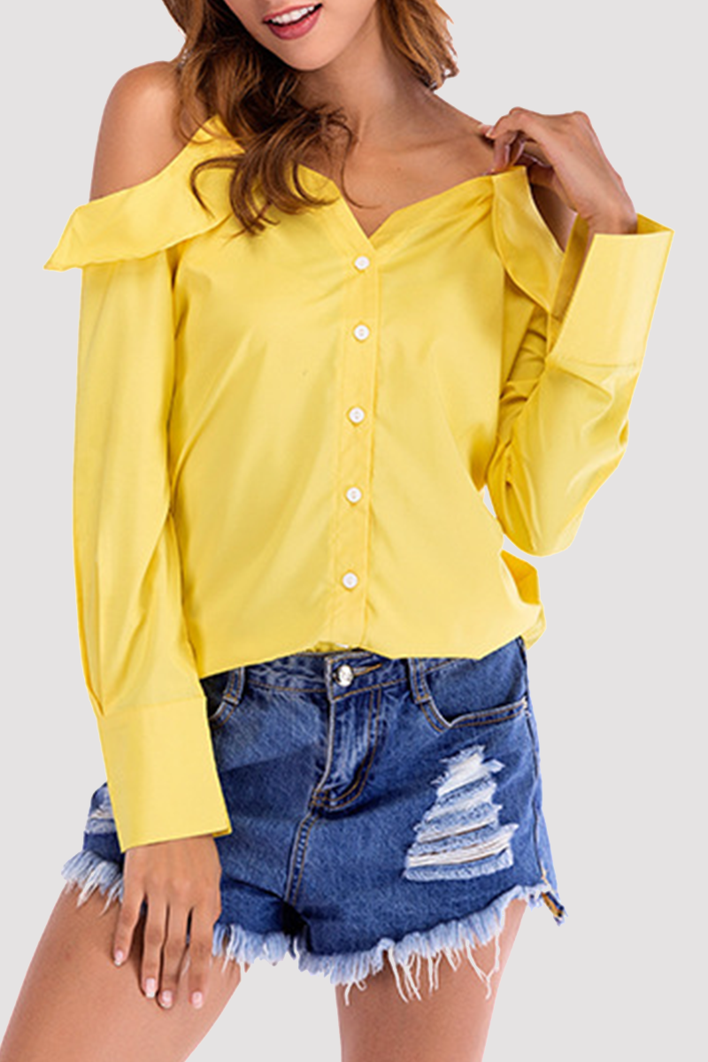 Solid Buckle Flounce Off the Shoulder Tops(4 colors) Sai Feel