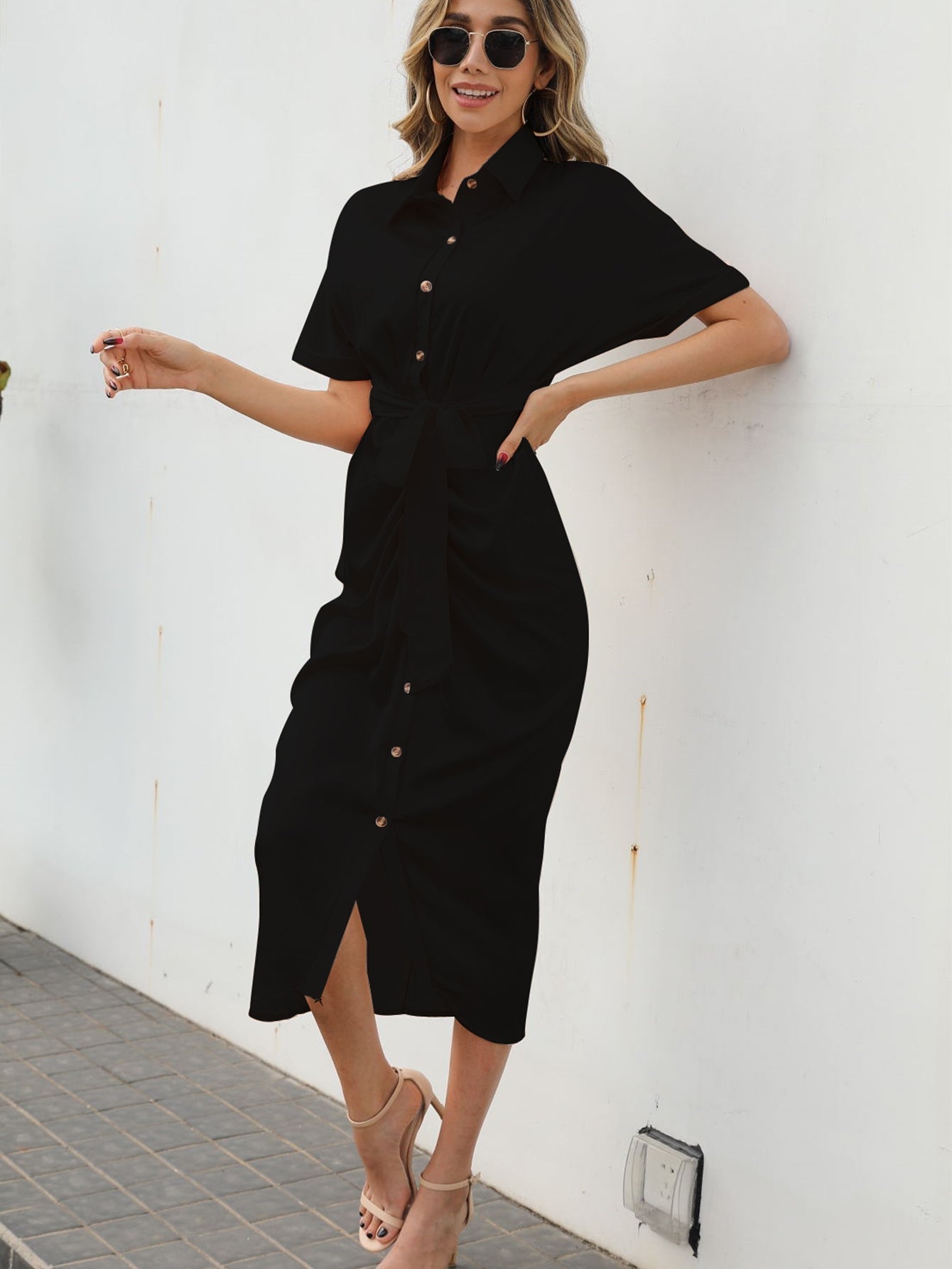 Solid Button Up Ruched Detail Tie Front Shirt Dress Sai Feel