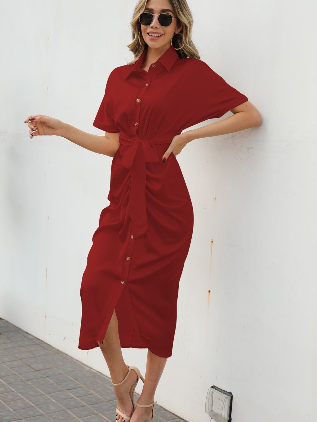 Solid Button Up Ruched Detail Tie Front Shirt Dress Sai Feel