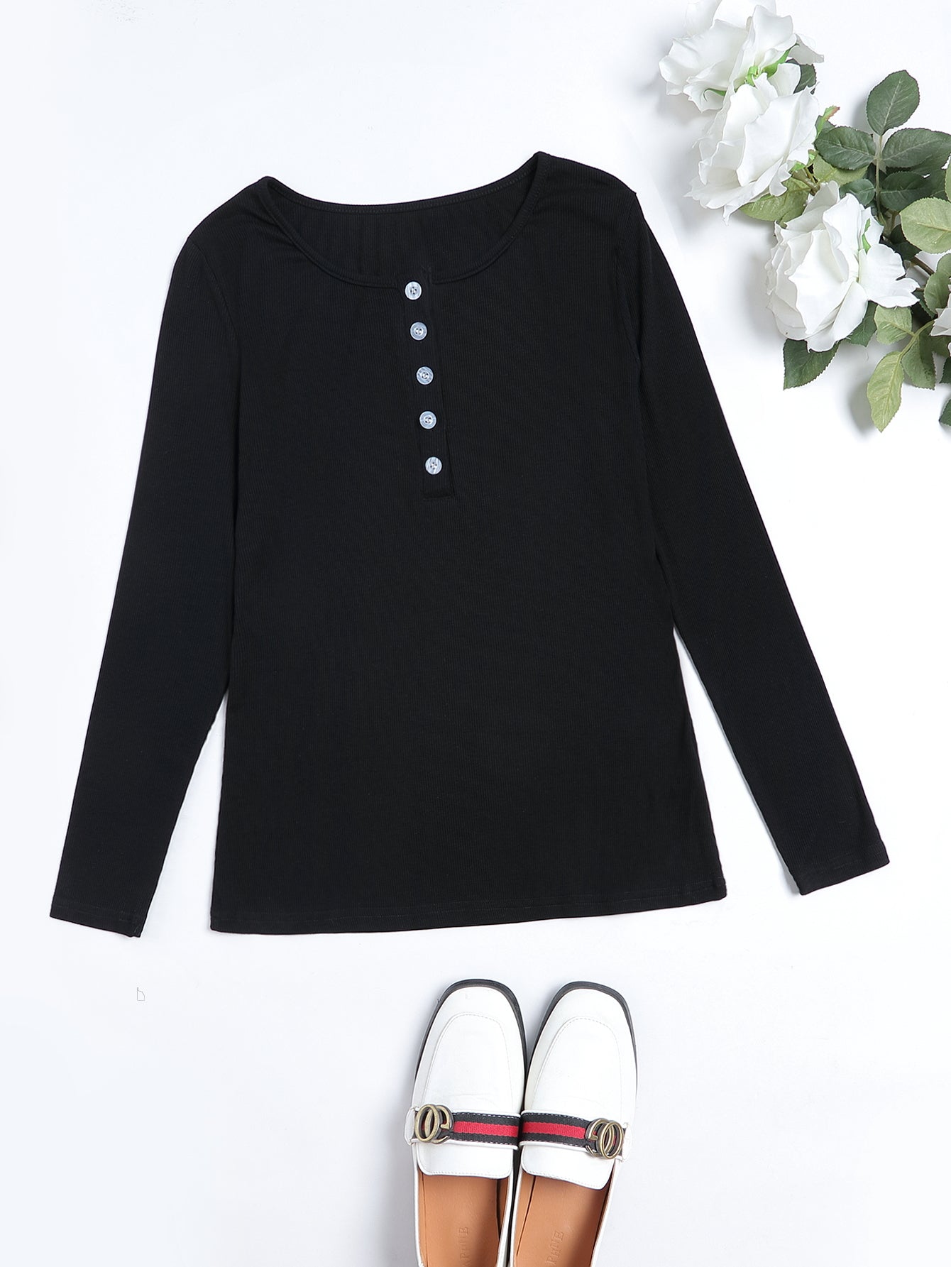 Solid Buttoned Rib Knit Long Sleeve Tee Sai Feel