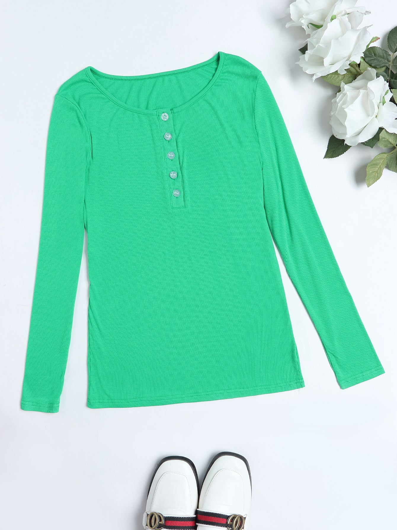 Solid Buttoned Rib Knit Long Sleeve Tee Sai Feel