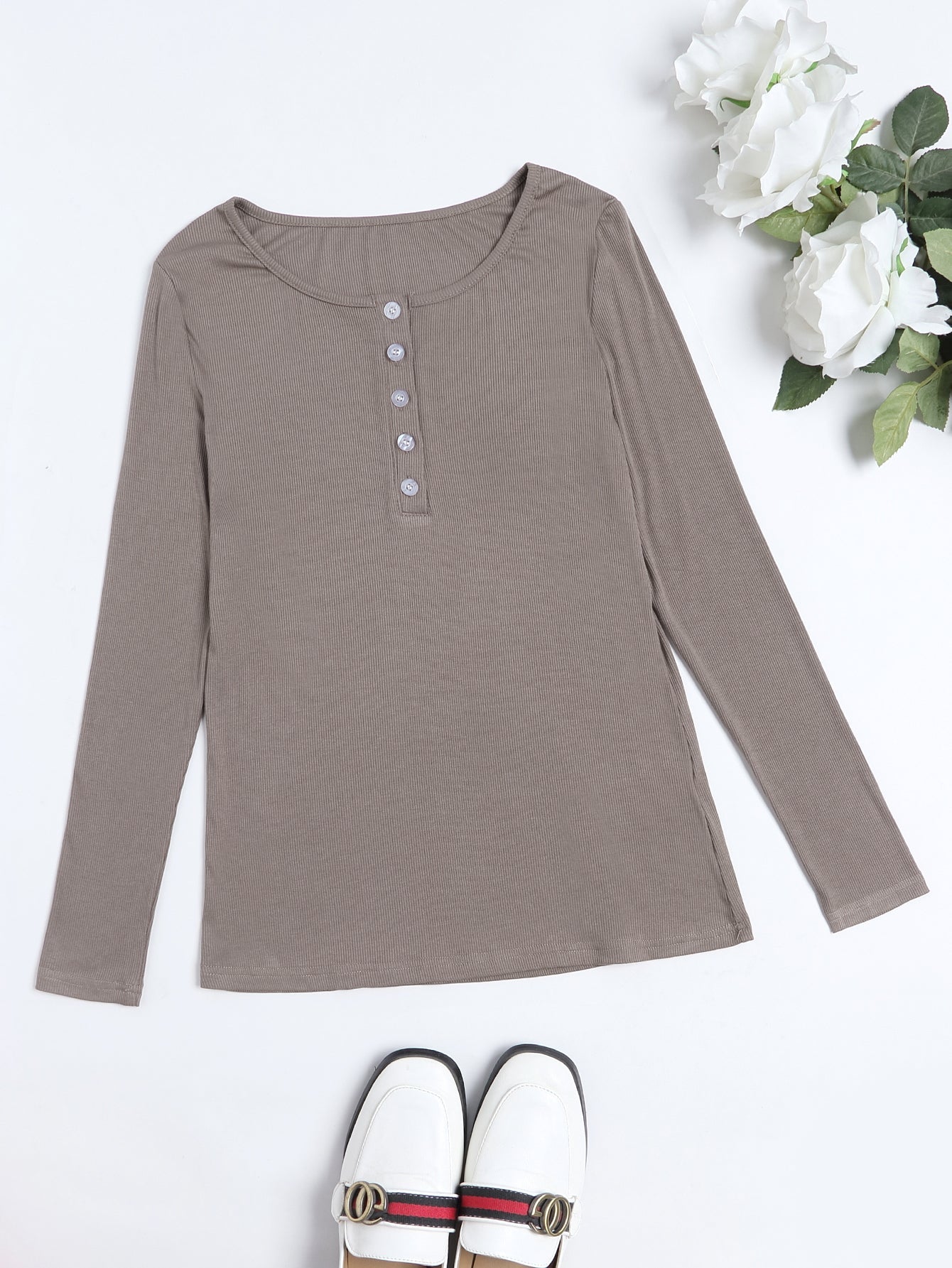 Solid Buttoned Rib Knit Long Sleeve Tee Sai Feel