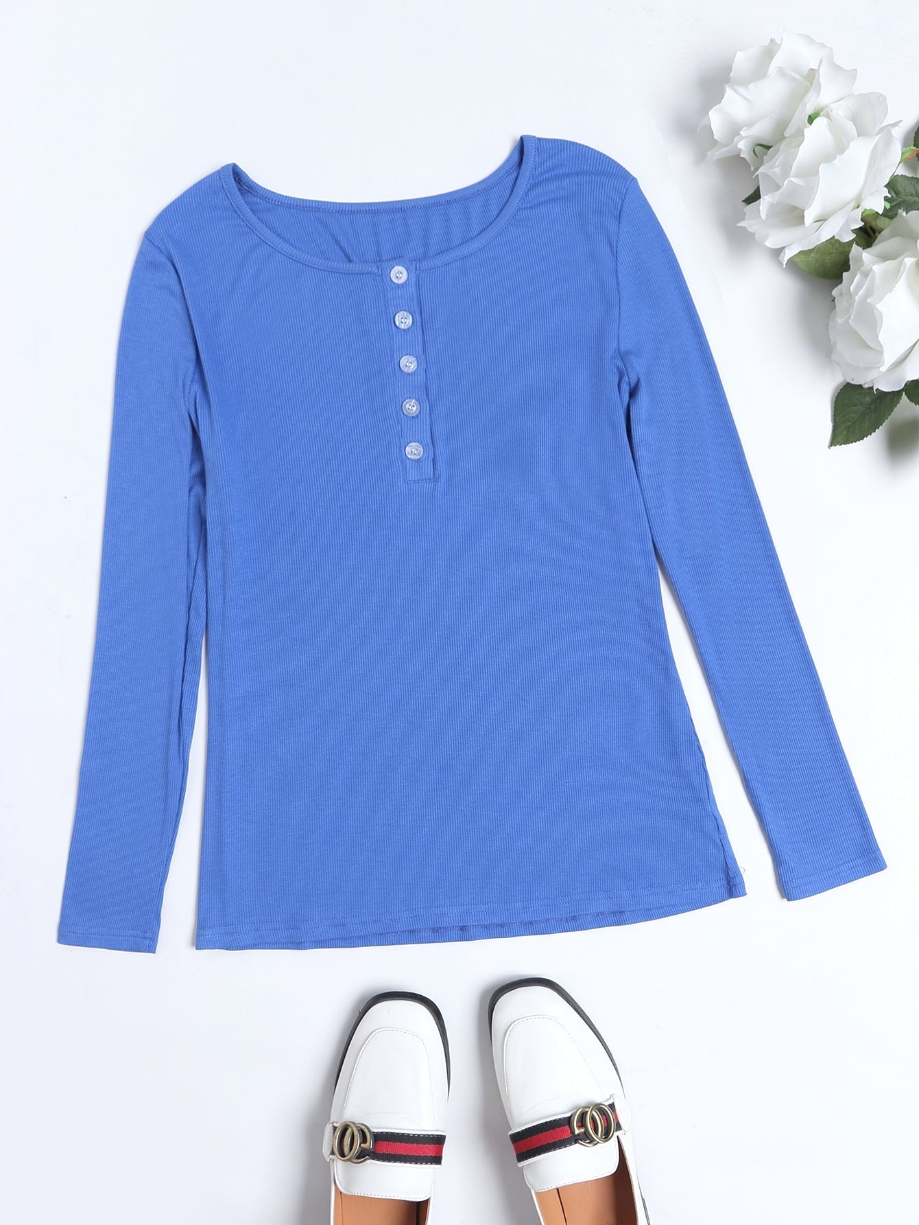 Solid Buttoned Rib Knit Long Sleeve Tee Sai Feel