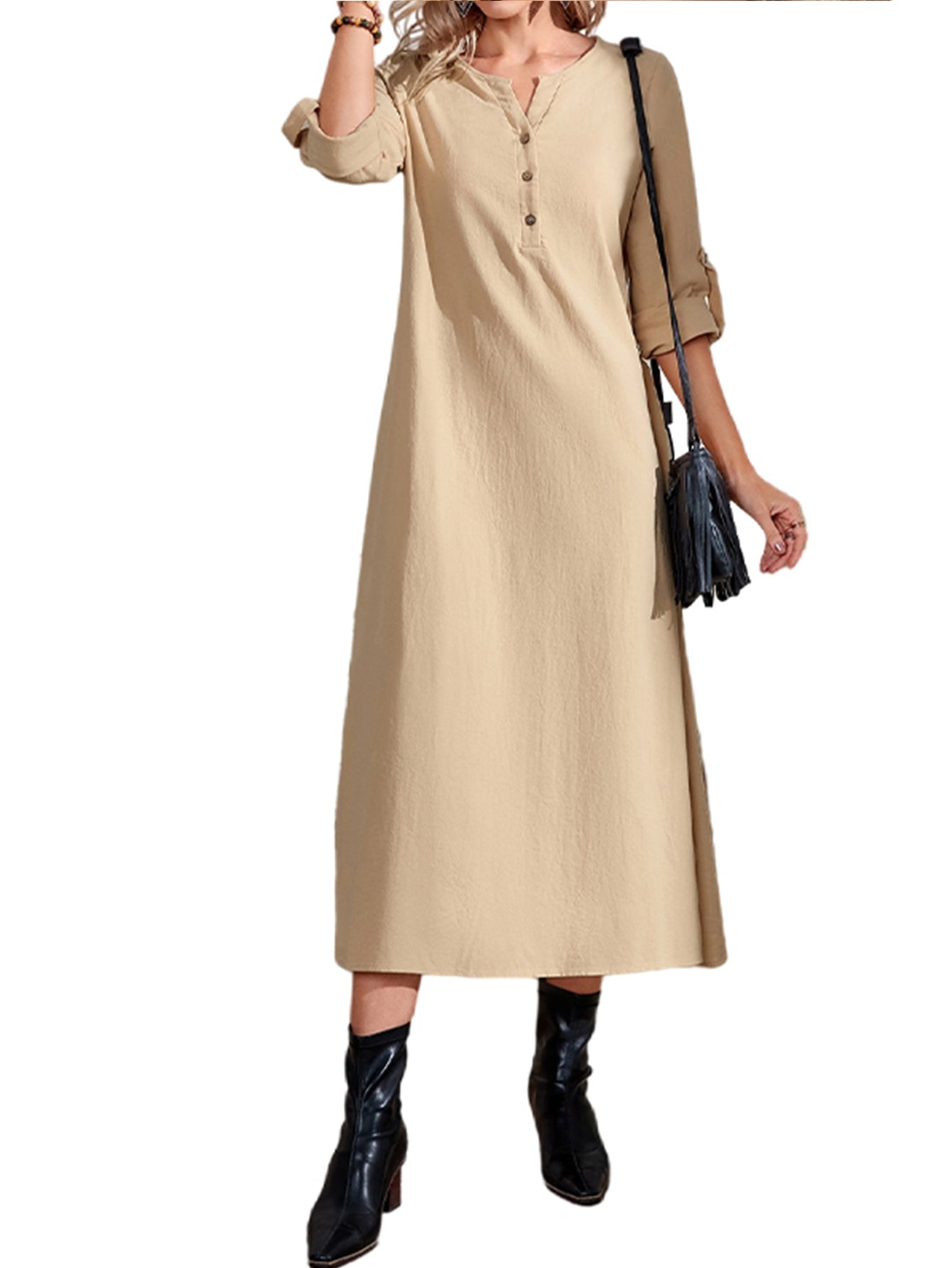 Solid Color Brown Button Up Midi Waist Dress Sai Feel