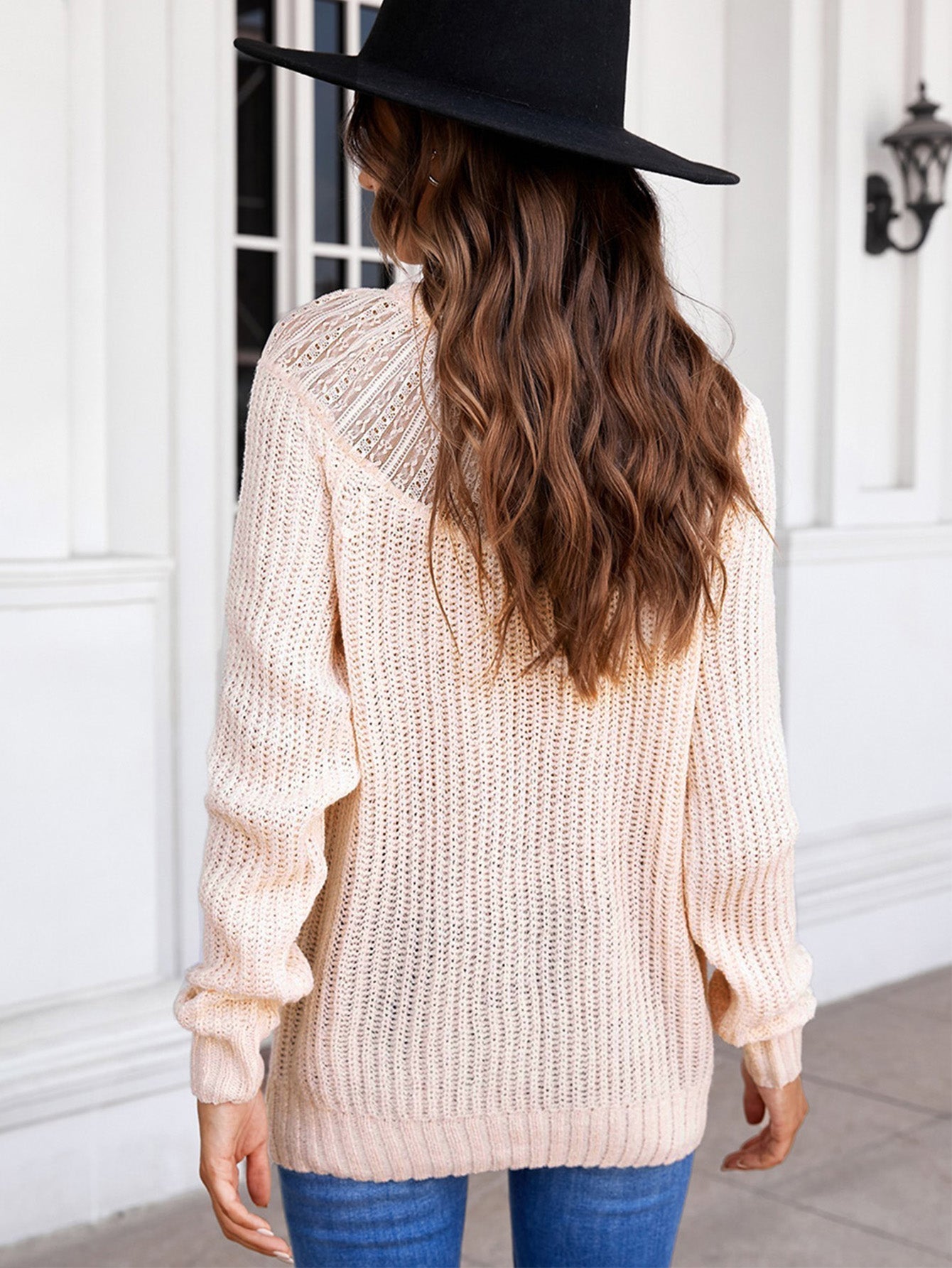 Solid Color Lace Splicing Sweater Knitted Long Sleeve Round Collar Pullover Sai Feel