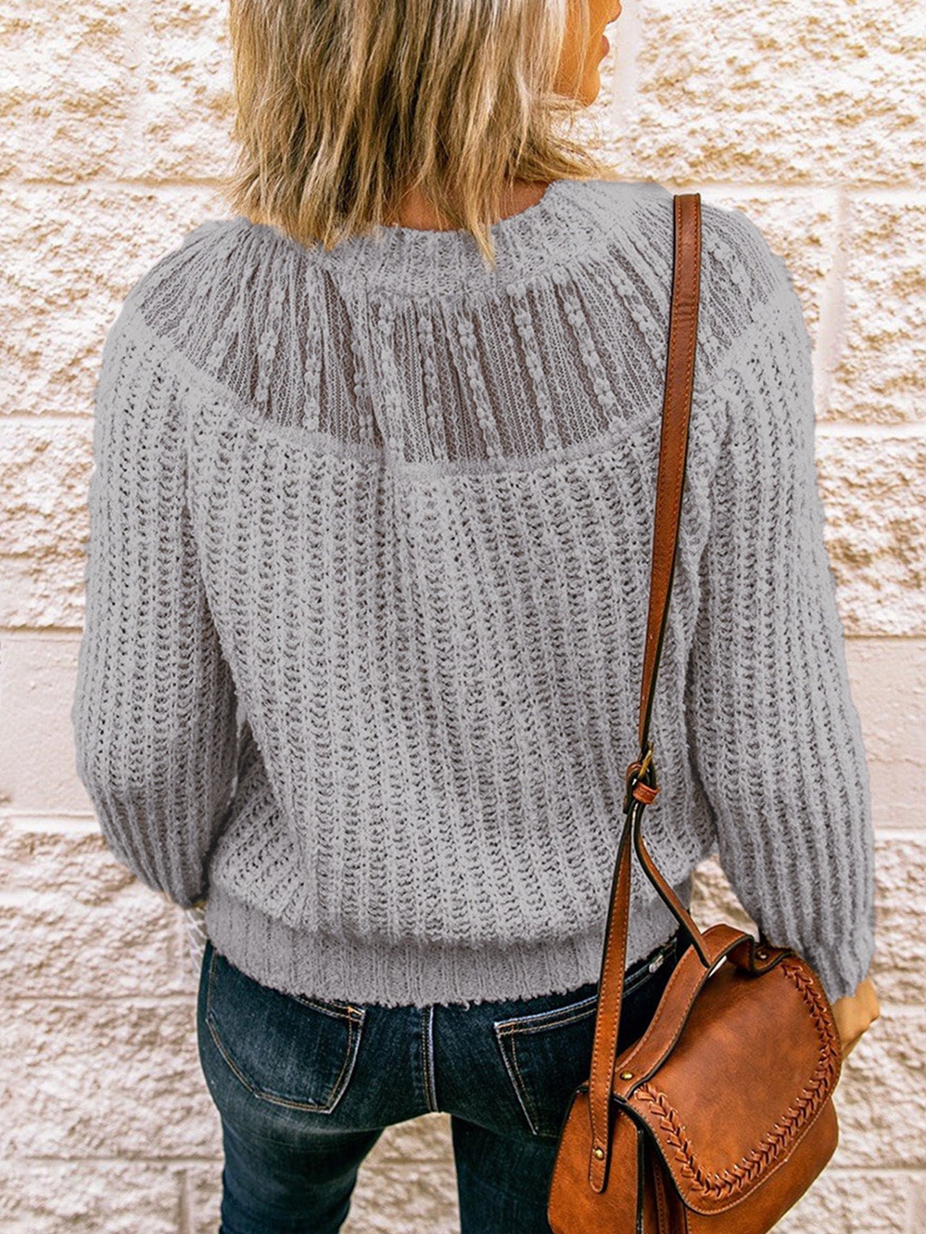 Solid Color Lace Splicing Sweater Knitted Long Sleeve Round Collar Pullover Sai Feel
