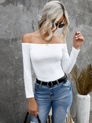 Solid Color Off Shoulder Slim Fit Long Sleeve Top Sai Feel