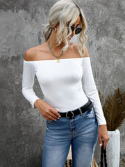 Solid Color Off Shoulder Slim Fit Long Sleeve Top Sai Feel