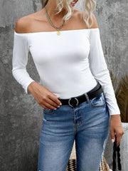 Solid Color Off Shoulder Slim Fit Long Sleeve Top Sai Feel