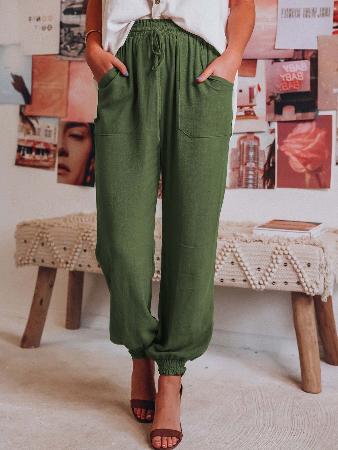 Solid Color Pocket Elastic Waist Jogger Pants Sai Feel