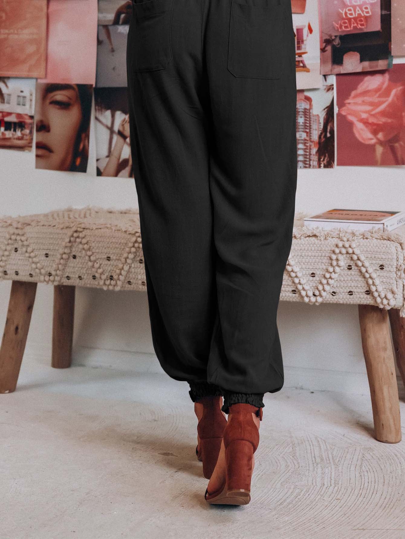 Solid Color Pocket Elastic Waist Jogger Pants Sai Feel
