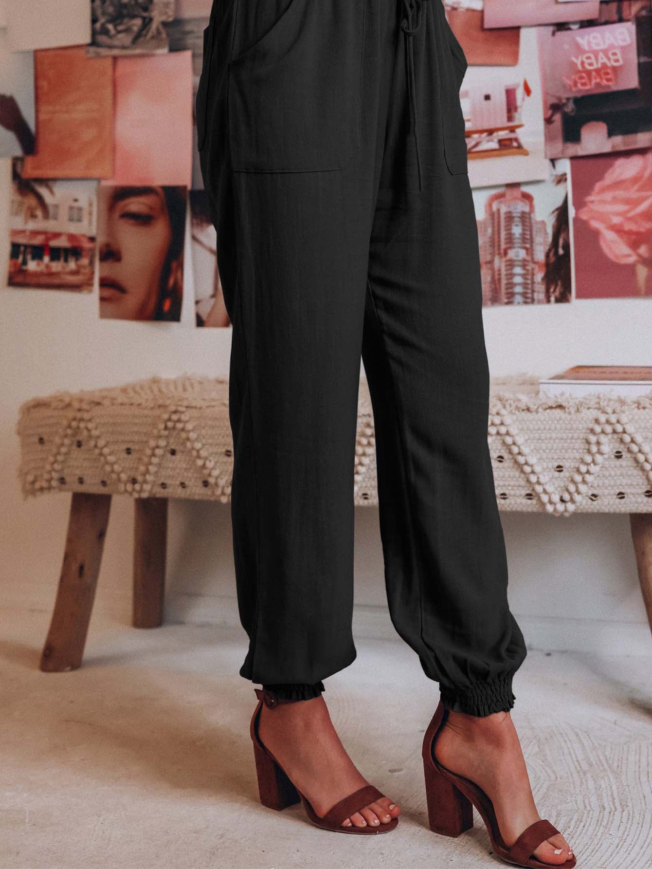 Solid Color Pocket Elastic Waist Jogger Pants Sai Feel