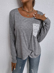 Solid Color Round Neck Lace Pocket T-shirt Sai Feel