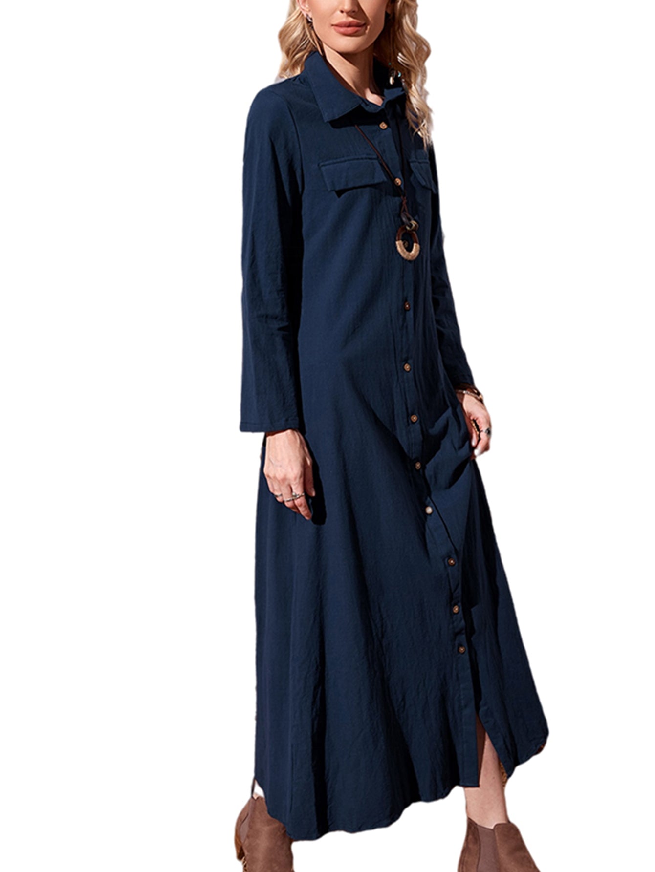 Solid Color Single breasted Lapel Neck Midi Dress Sai Feel