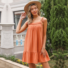 Solid Color Stitching Lace Sling Dress Sai Feel