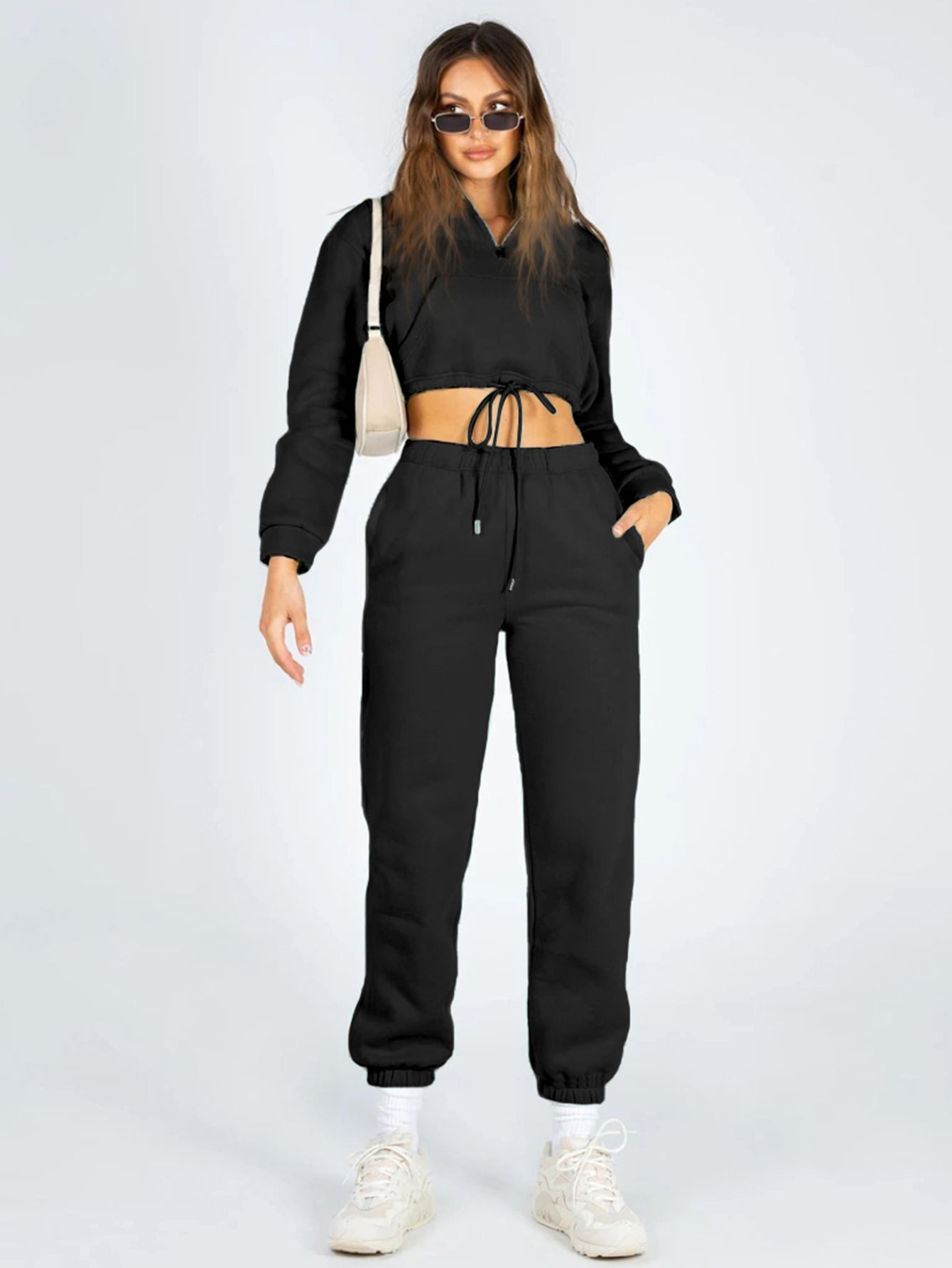 Solid Crop Hoodie & Sweatpants Set Sai Feel