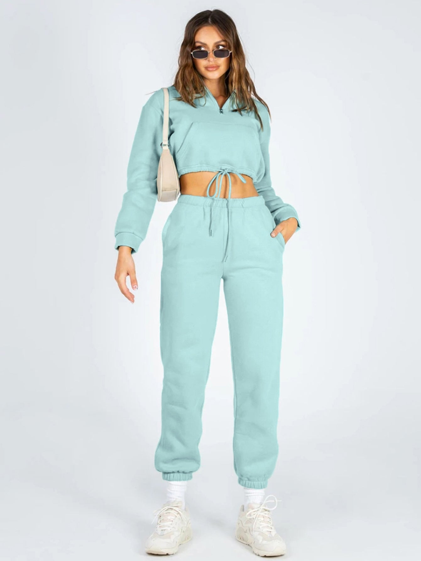 Solid Crop Hoodie & Sweatpants Set Sai Feel