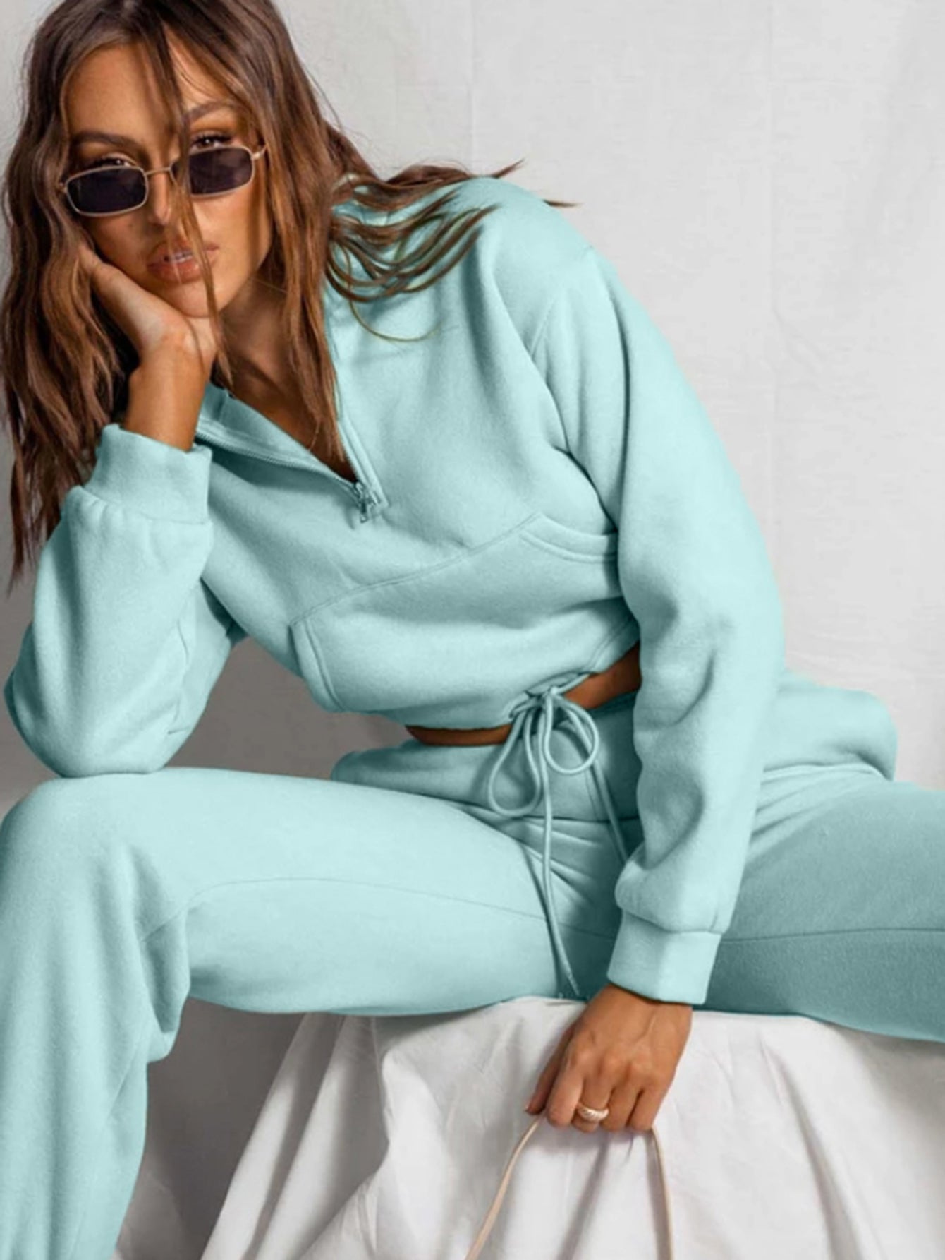 Solid Crop Hoodie & Sweatpants Set Sai Feel