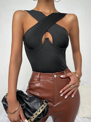 Solid Cut Out Crisscross Front Bodysuit Sai Feel