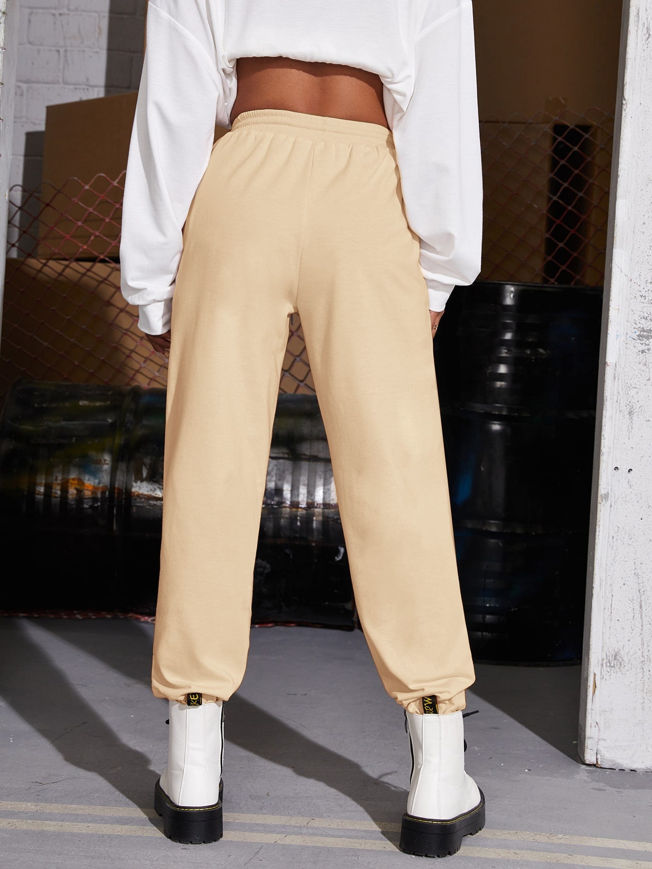 Solid Drawstring Waist Slant Pocket Sweatpants Sai Feel