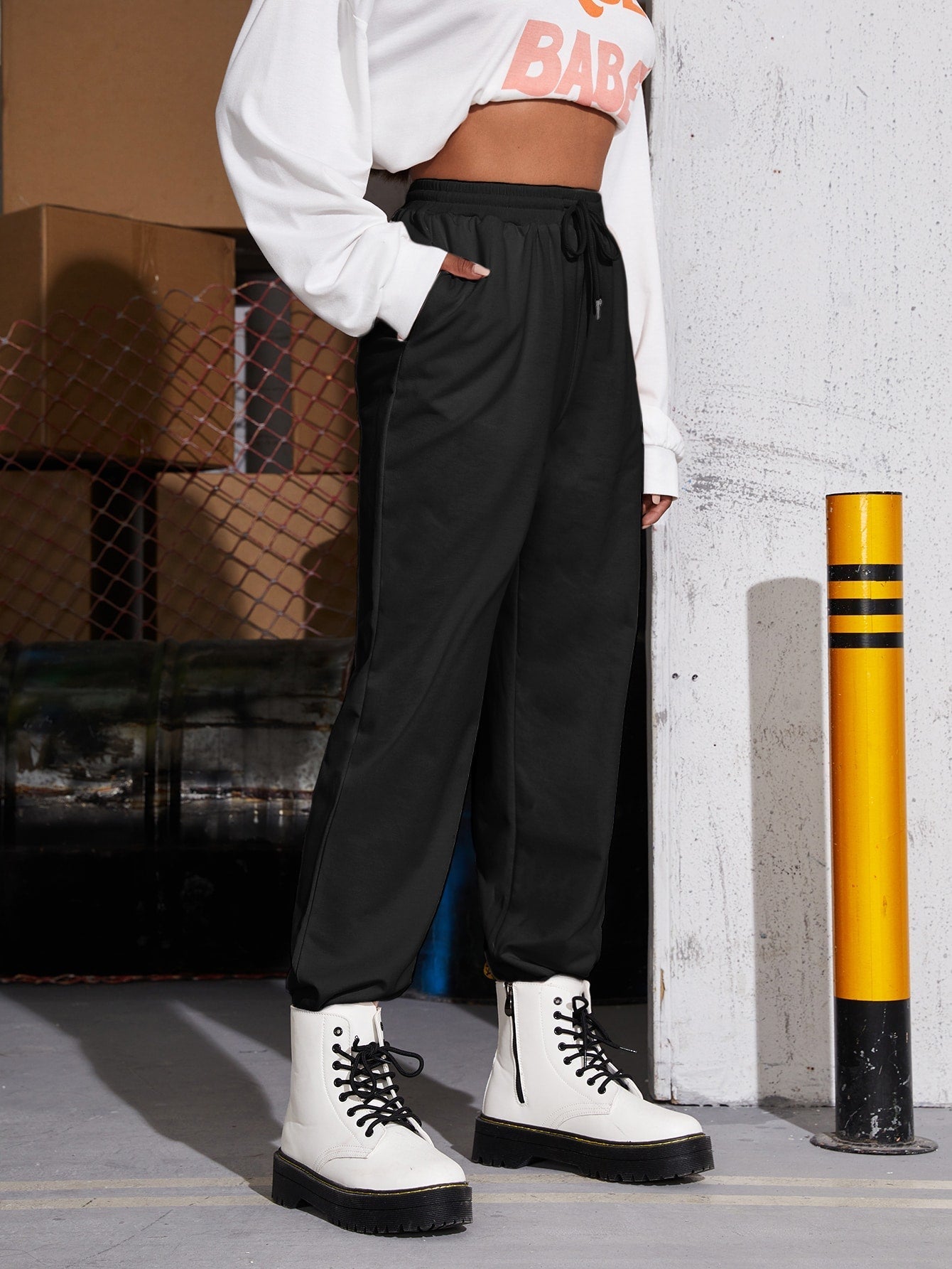 Solid Drawstring Waist Slant Pocket Sweatpants Sai Feel