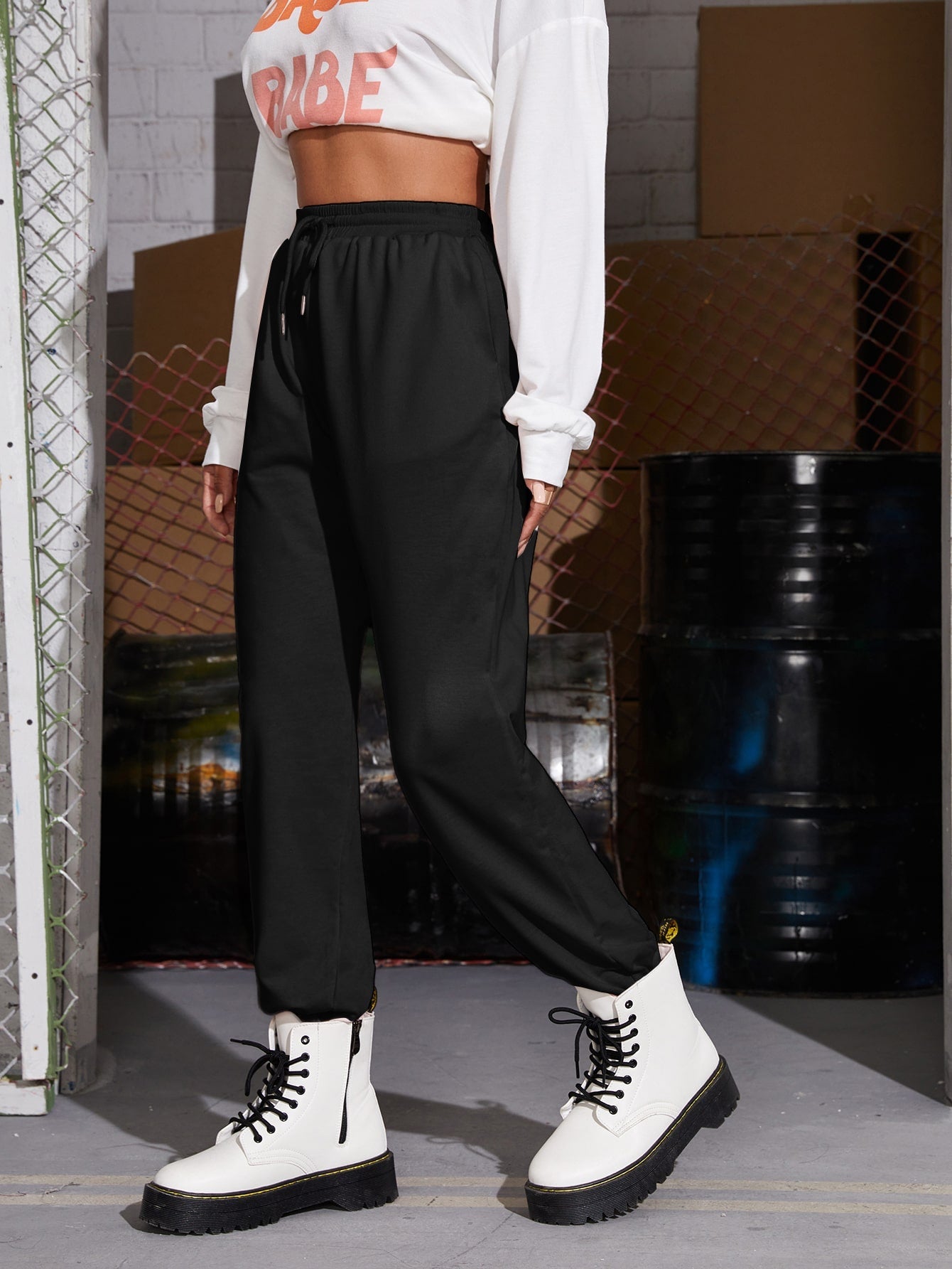 Solid Drawstring Waist Slant Pocket Sweatpants Sai Feel