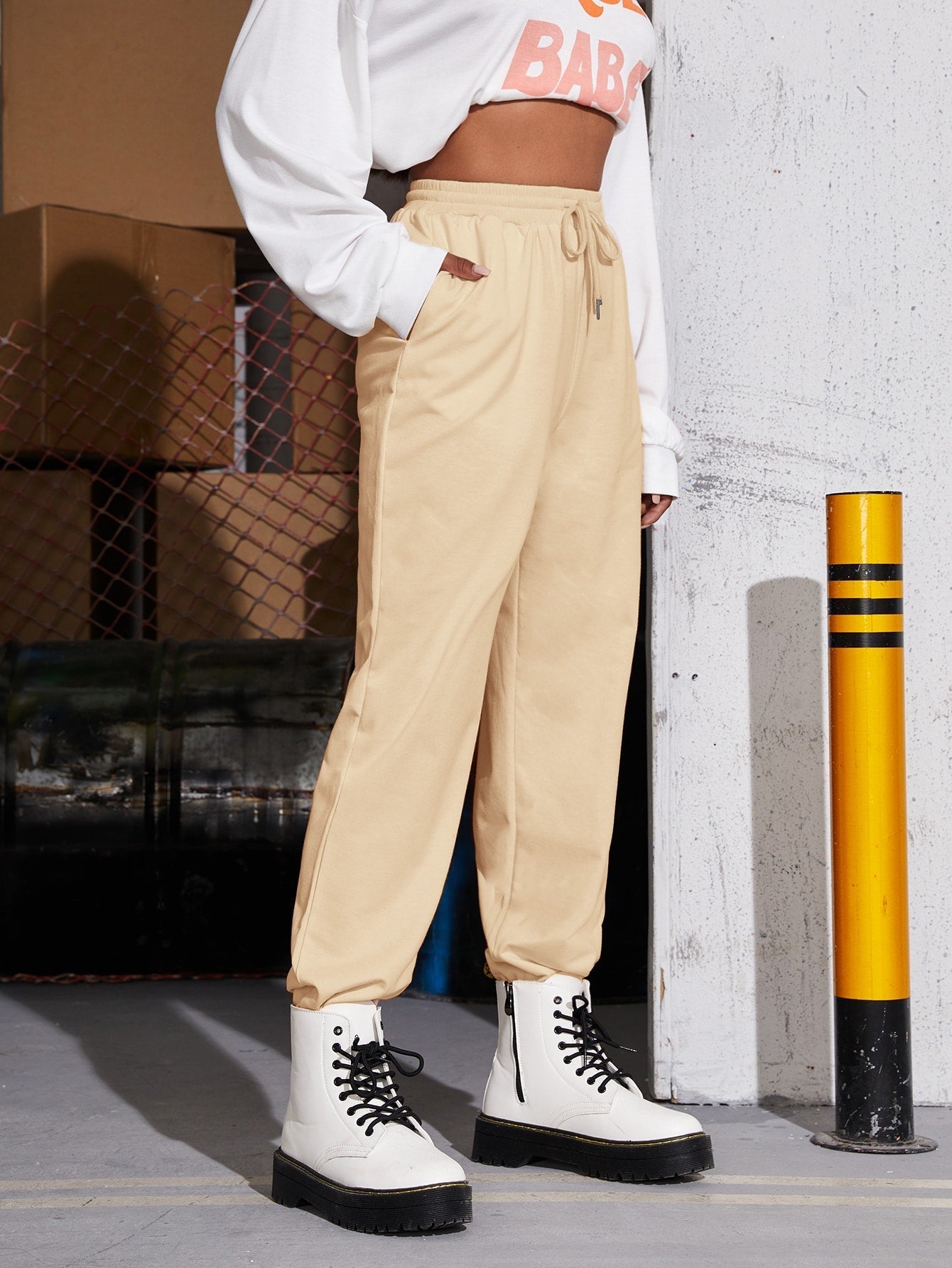 Solid Drawstring Waist Slant Pocket Sweatpants Sai Feel