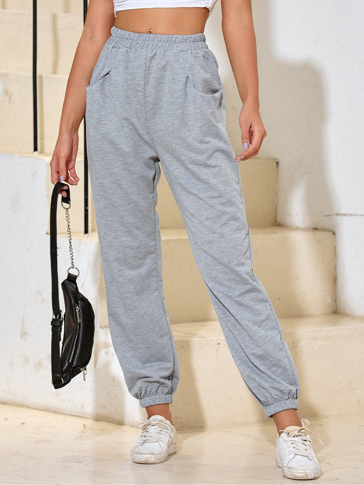 Solid Elastic Waist Slant Pocket Sweatpants Sai Feel