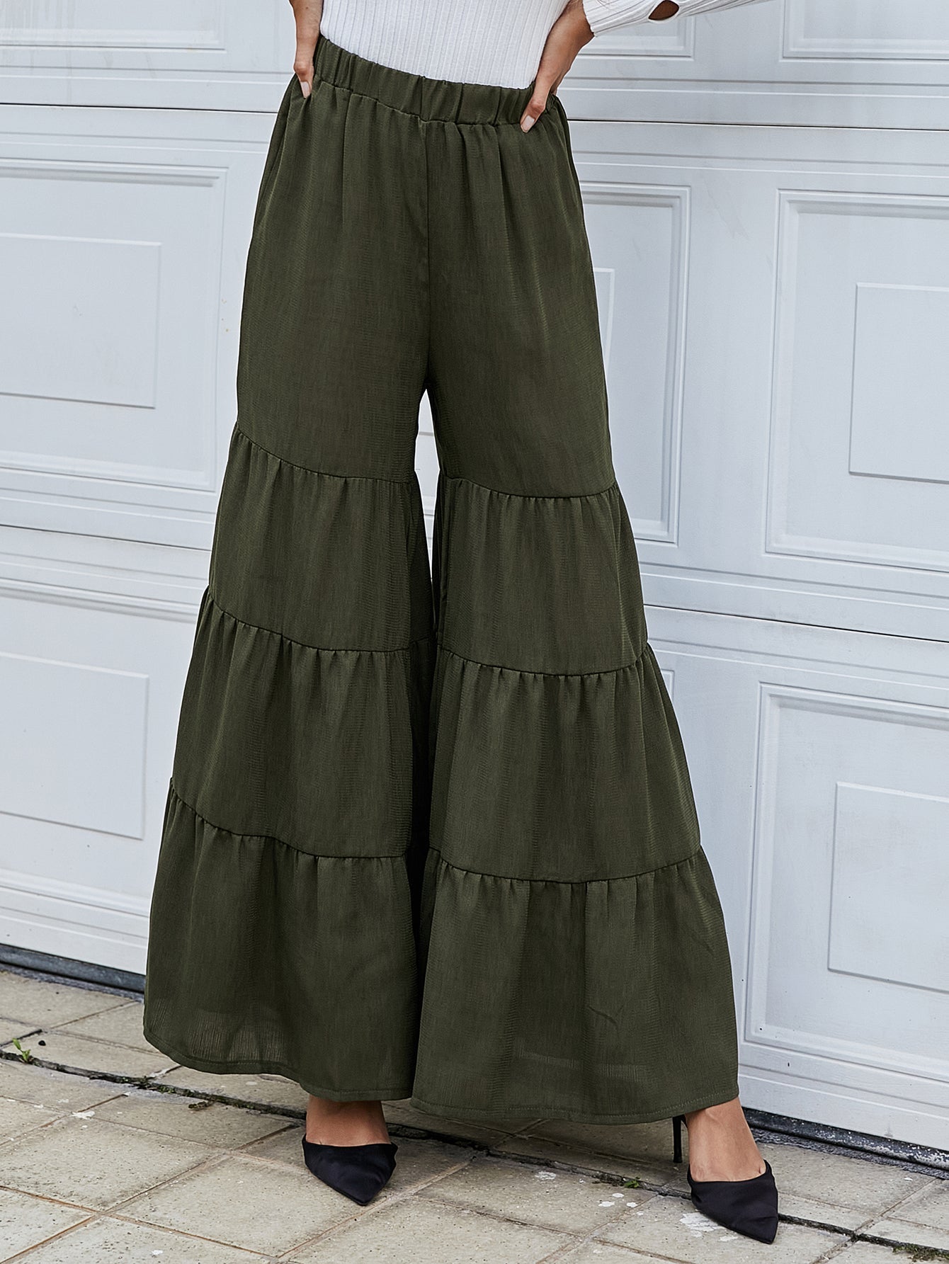 Solid Elastic Waist Wide Leg Pants Sai Feel