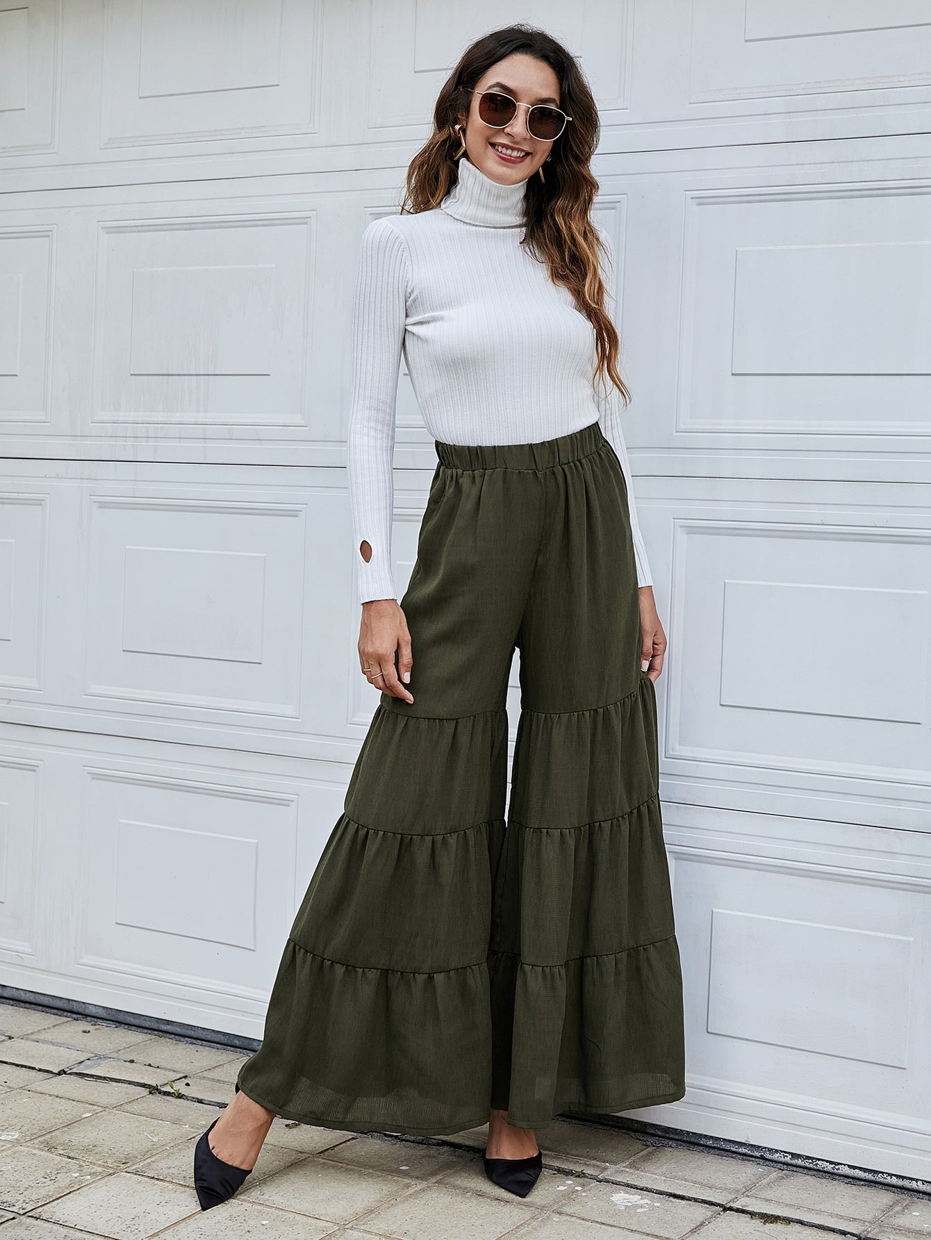 Solid Elastic Waist Wide Leg Pants Sai Feel