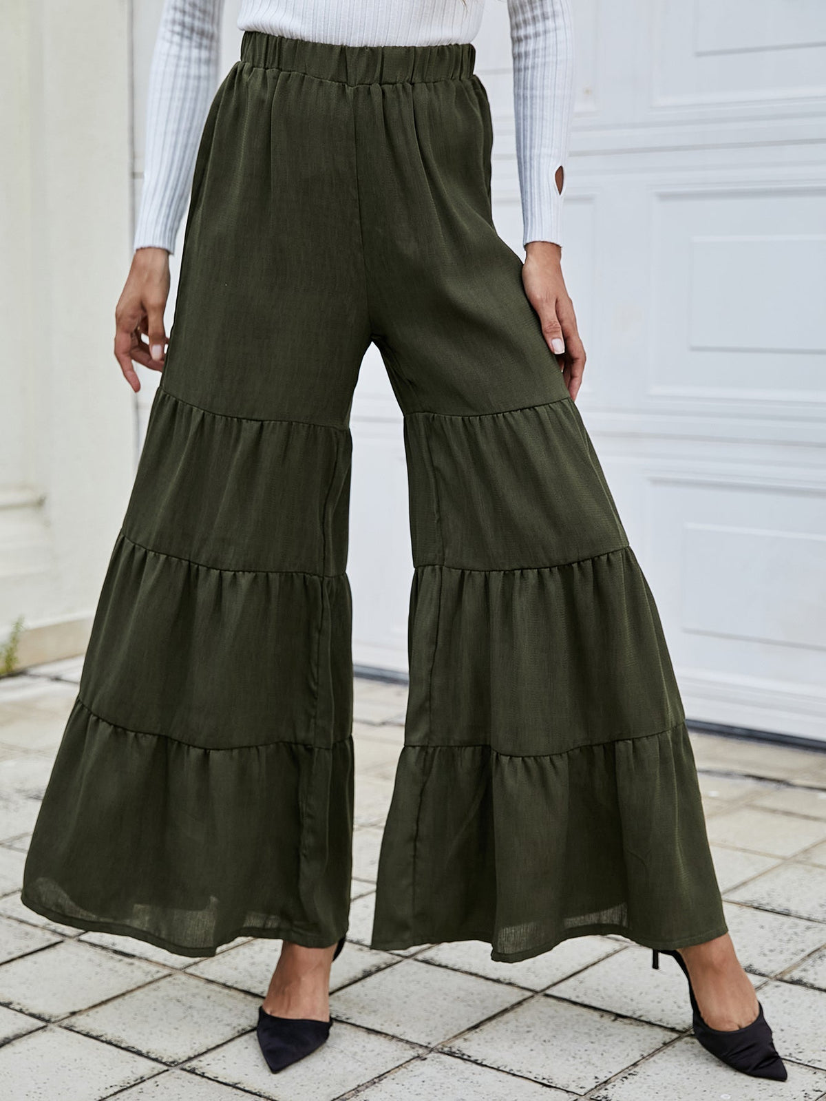 Solid Elastic Waist Wide Leg Pants Sai Feel