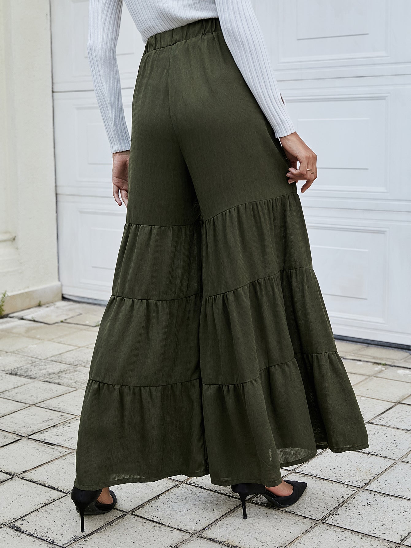 Solid Elastic Waist Wide Leg Pants Sai Feel