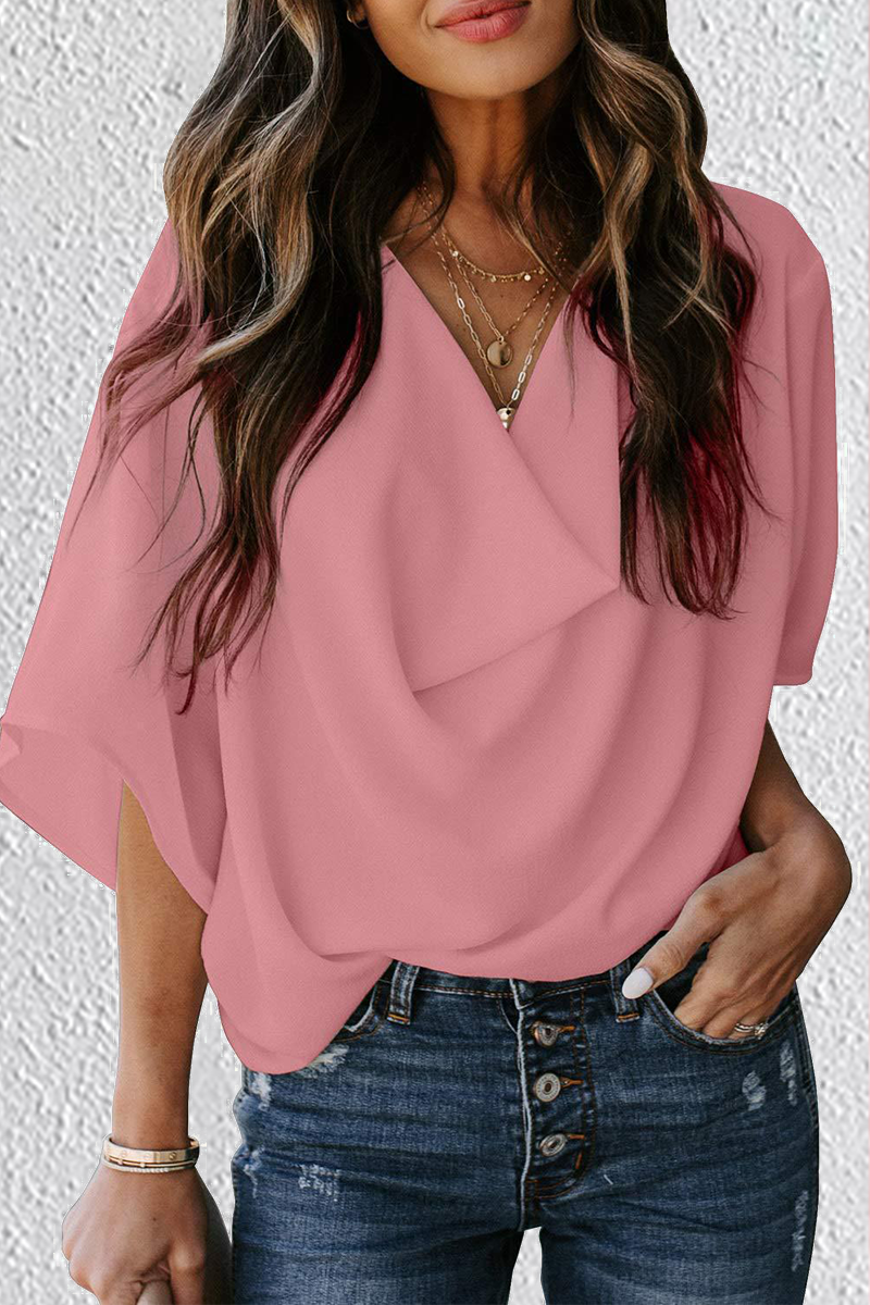 Solid Flounce V Neck T-Shirts Sai Feel