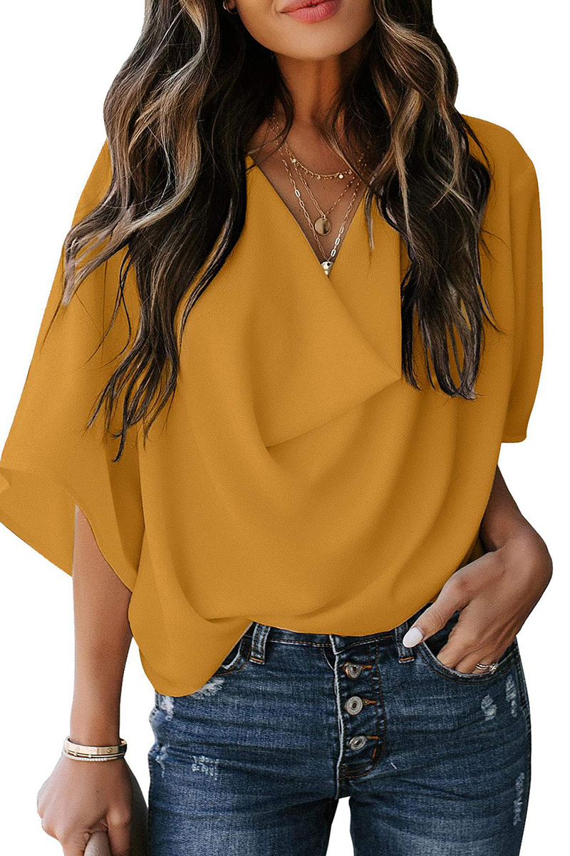 Solid Flounce V Neck T-Shirts Sai Feel