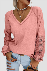 Solid Lace Split Joint V Neck T-Shirts Sai Feel