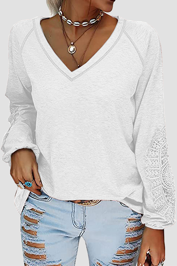 Solid Lace Split Joint V Neck T-Shirts Sai Feel