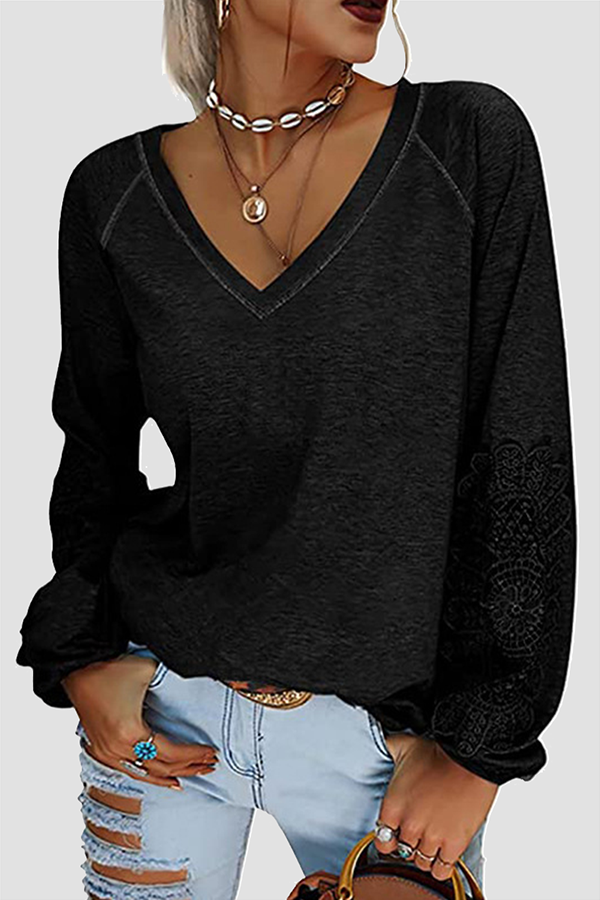 Solid Lace Split Joint V Neck T-Shirts Sai Feel