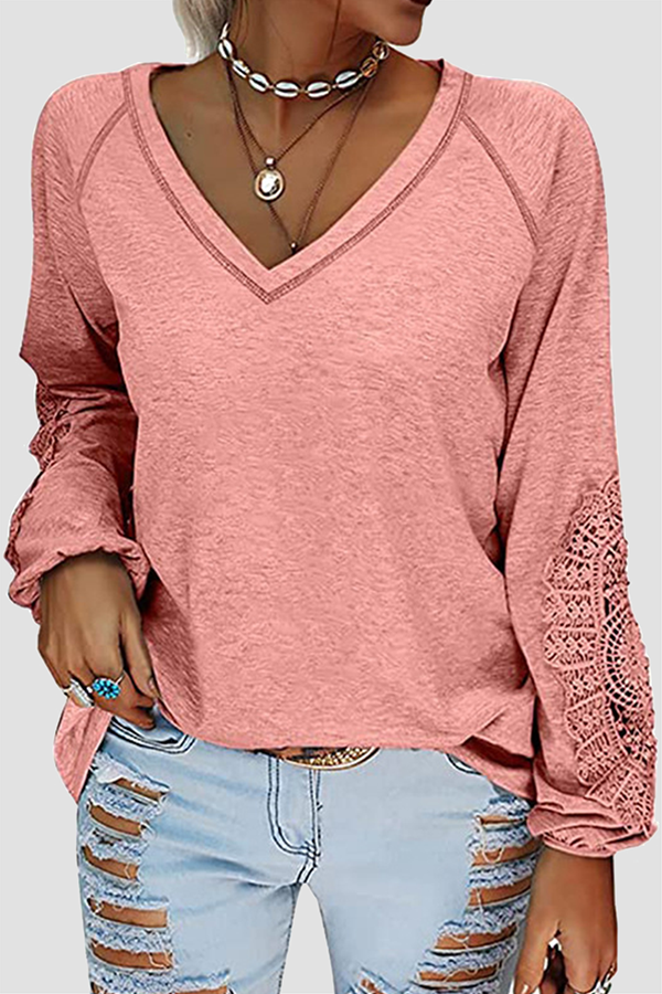 Solid Lace Split Joint V Neck T-Shirts Sai Feel