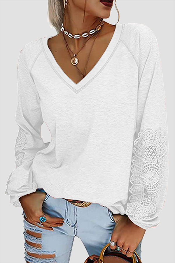 Solid Lace Split Joint V Neck T-Shirts Sai Feel