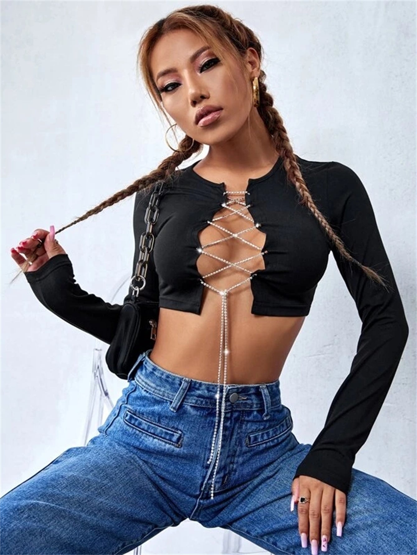 Solid Lace Up Front Crop Top Sai Feel