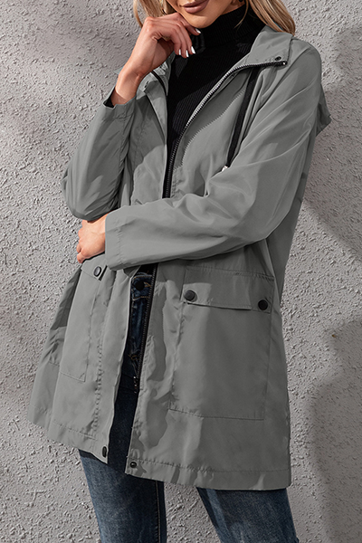 Solid Pocket Buckle Zipper Hooded Collar Outerwear Sai Feel